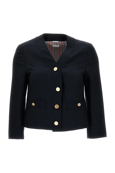 Thom Browne Boxy V-neck Jacket In Hopsack Suiting In Black
