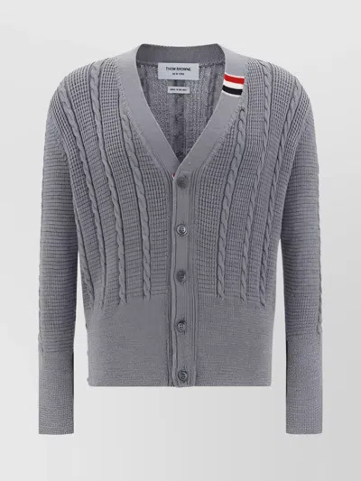Thom Browne Braided V-neck Wool Cardigan In Gray