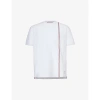 Thom Browne Mens White Brand-stripe Crewneck Cotton-jersey T-shirt