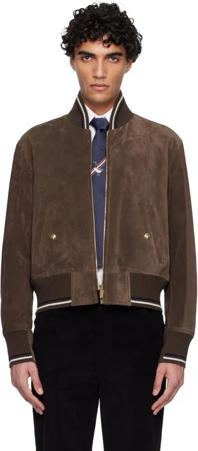 Thom Browne Brown Knit Rib Blouson Suede Jacket In Animal Print