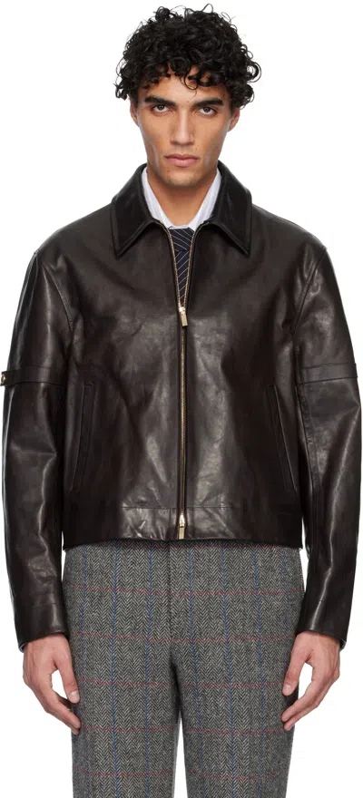 Thom Browne Brown Zip Front Armband Leather Jacket
