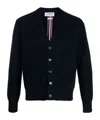 Thom Browne Navy Blue Wool Cardigan With Tricolour Insert Men In Black