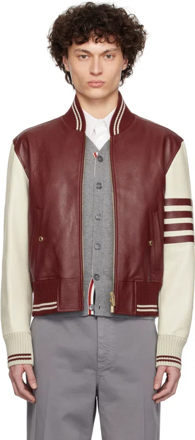 Thom Browne Striped Full-grain Leather Bomber Jacket In Burgundy