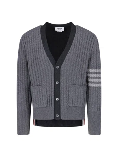 Thom Browne Cable Knit Button-up Front Ribbed Detailing Cardigan In Gray