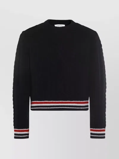 THOM BROWNE CABLE KNIT CREW SWEATER WITH RIBBED CUFFS