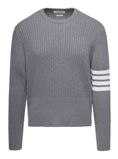 Thom Browne Cable-knit Jumper With Signature 4 Bar Detailing In Grey Cotton Man In Multicolor