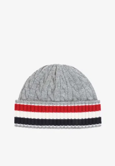 Thom Browne Cable Knit Striped Wool Beanie In Gray