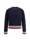 Thom Browne Cable Knit Crew Sweater With Ribbed Cuffs In Black