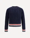 Thom Browne Cable Knit Crew Sweater With Ribbed Cuffs In Blue
