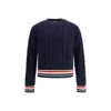 Thom Browne Cable Knit Crew Sweater With Ribbed Cuffs In Blue