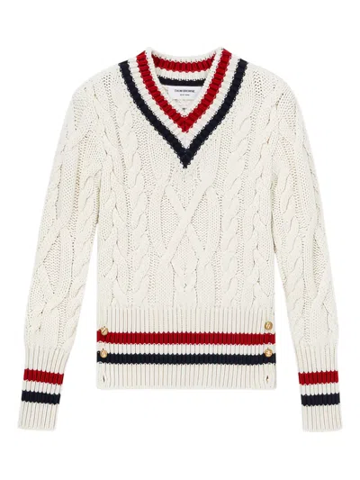 THOM BROWNE CABLE-KNIT V-NECK PULLOVER