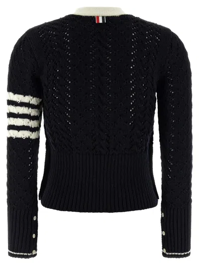 Thom Browne Cable Pointelle Stitch Classic Cardigan In Black