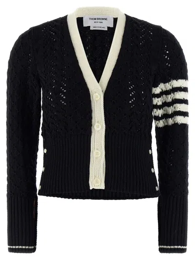 Thom Browne Cable Pointelle Stitch Classic Cardigan In Black