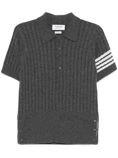 Thom Browne Cable Stitch 4 Bar Stripe Polo Shirt In Gray