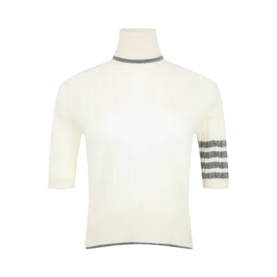 Pre-owned Thom Browne Cable Stitch Ss Turtle Neck In Cashmere With 4 Bar Stripe 'white' | Women's Size 42