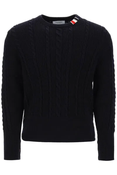 Thom Browne Cable Wool Sweater With Rwb Detail In Blue