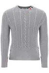 Thom Browne Grey Crewneck Cable Knit Sweater With Rwb Stripe Detail In Wool Man In Grey