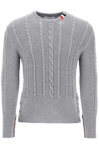 Thom Browne Cable Wool Sweater With Rwb Detail In Gray
