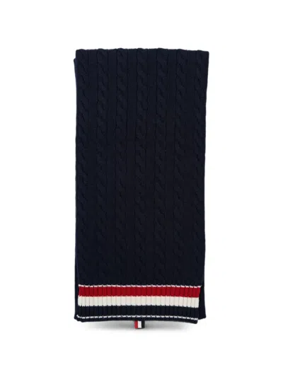 Thom Browne Cable-knit Rwb-stripe Scarf In Blue