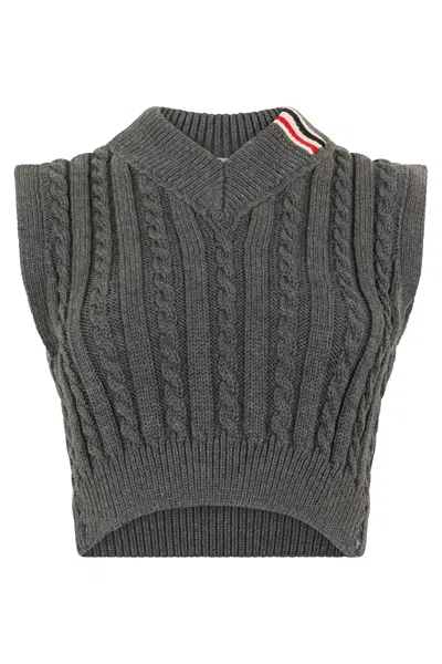 Thom Browne Cable-knit Virgin Wool Vest In Gray