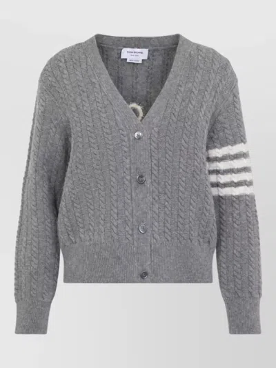 Thom Browne Light Grey Anchor Intersia Cable Stitsh V Neck Cardigan In Gray