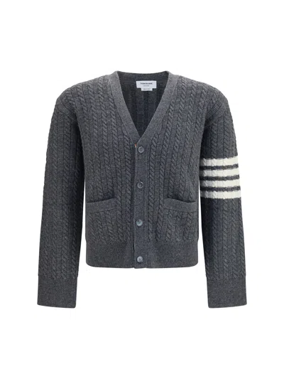 Thom Browne Cable-knit With 4-bar Stripe Cardigan In Blue