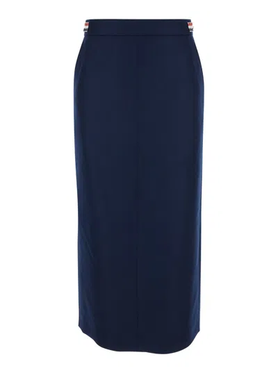 THOM BROWNE CALF LEGTH SIDE TAB SKIRT IN SOLID WOOL TWILL