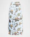 Thom Browne Calf Length Classic Back Pleated Skirt In Scenic Toile Small On Silk Twill In White