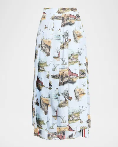 Thom Browne Calf Length Classic Back Pleated Skirt In Scenic Toile Small On Silk Twill