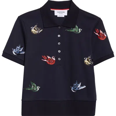 Thom Browne Canary Embroidered Cotton Polo In Blue