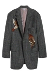 Thom Browne Canary Embroidered Glen Plaid Wool Sport Coat In Gray