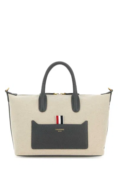 Thom Browne Canvas And Leather Colorblock Tote Bag In Beige