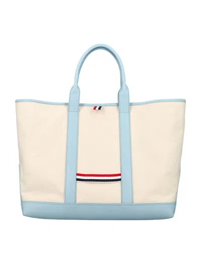 Thom Browne Canvas And Leather Medium Tool Tote Handbag For Men In Natural/light_blue_1