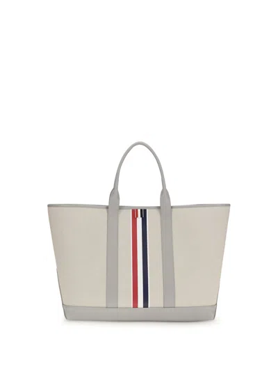 Thom Browne Canvas With Leather Trim Tote Bag In White