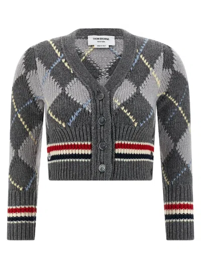 Thom Browne Argyle Intarsia Shrunken Virgin Wool Blend Cardigan In Gray