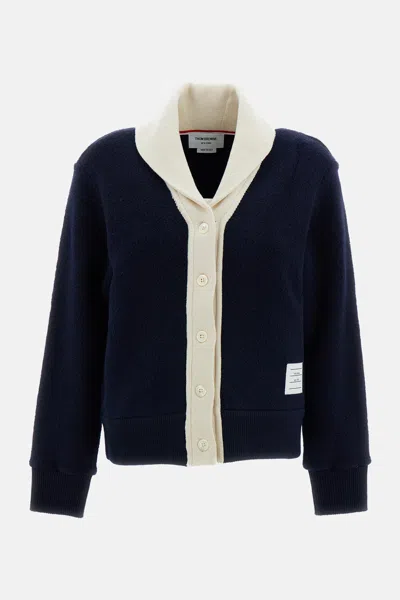 Thom Browne Cardigan Con Scollo A Scialle In Fleece Di Lana In Blue