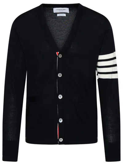 Thom Browne Cardigan In Navy Virgin Wool In Black