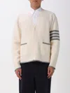 Thom Browne Wool Cardigan With Striped Sleeve Detail In Neutral
