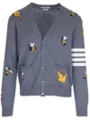 Thom Browne Birds And Bees Knitted Wool Cardigan In Grey