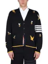 Thom Browne Cardigan With Birds And Bees Inlays In Blue