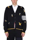 Thom Browne Cardigan With Birds And Bees Inlays In Blue