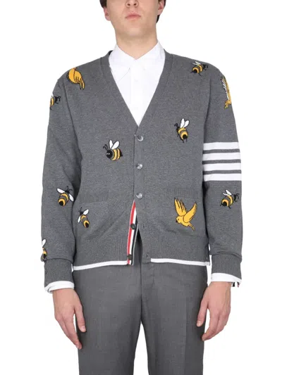 Thom Browne Cardigan With Birds And Bees Inlays In Gray