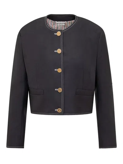Thom Browne Rwb-detail Crewneck Cropped Jacket In Navy
