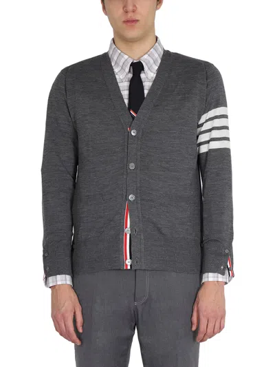 Thom Browne Cardigan With Inlay 4bar In Grey