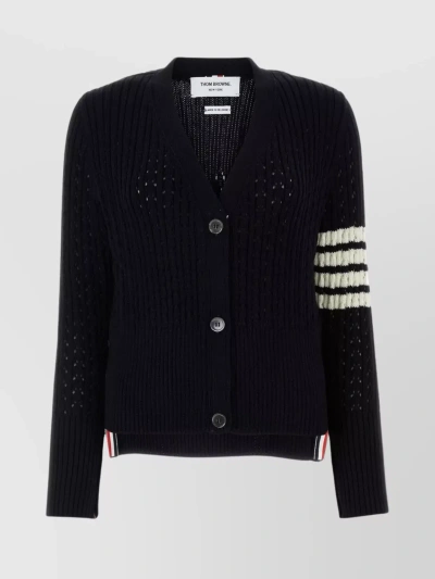 Thom Browne V-neck Cardigan W/ 4 Bar In Irish Pointelle Cable 5gg Sustainable Merino Wool In Black