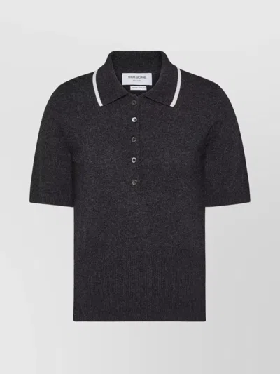 THOM BROWNE CASHMERE SHORT SLEEVE POLO WITH RIBBED HEM