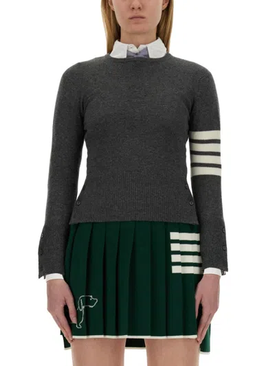 Thom Browne Fitted Cashmere Sweater With Distinctive Stripe Detail In Gray