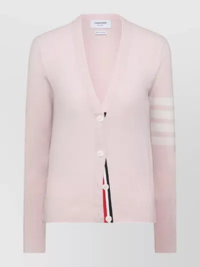 Thom Browne Cashmere V Neck Cardigan Four Bar Detail In Pink