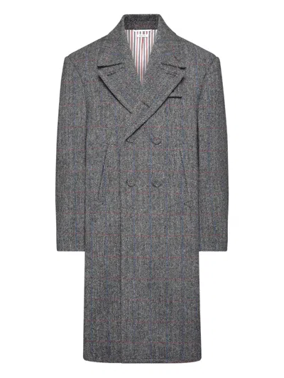 Thom Browne Checked Double-breasted Coat In Gray