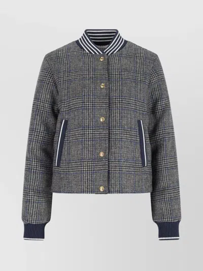 Thom Browne Checked Pattern Ribbed Collar Jacket In Gray